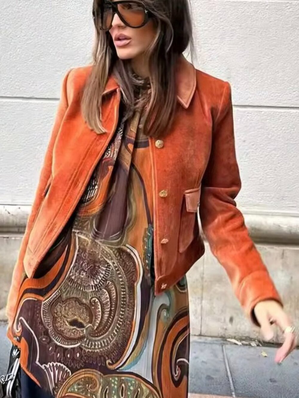 Orange Lapel Velvet Short Jackets Women Fashion Single Breasted Full Sleeve Pock